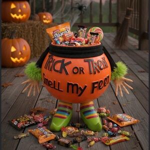 Large Ceramic Pumpkin Trick or Treat Bowl with Witch Feet and Hands. 14”H x 14”W